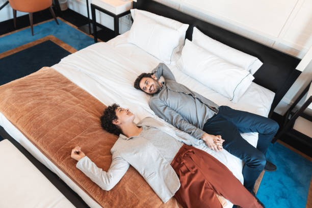 Couple relationship, relaxation, comfortable, love emotion, hotel room